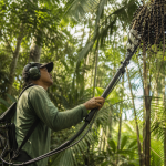 Trabalhador em açaizal do Amapá opera equipamento mecanizado para coleta de frutos de açaí.