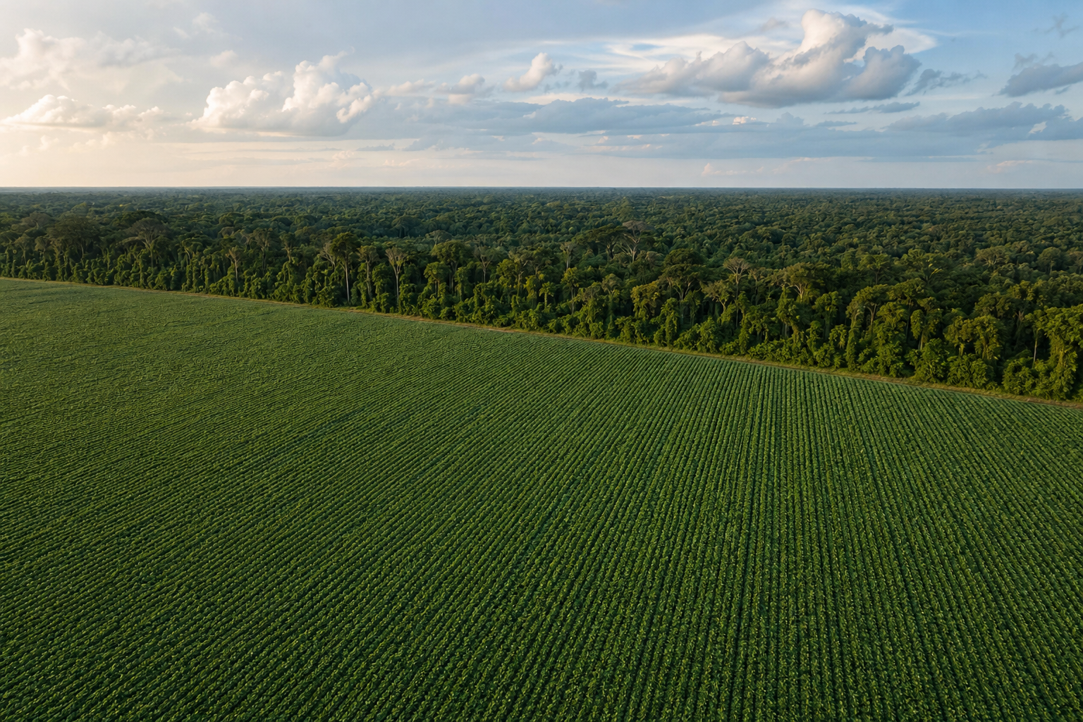 Vista aérea de lavoura de soja próxima a área de floresta na Amazônia brasileira